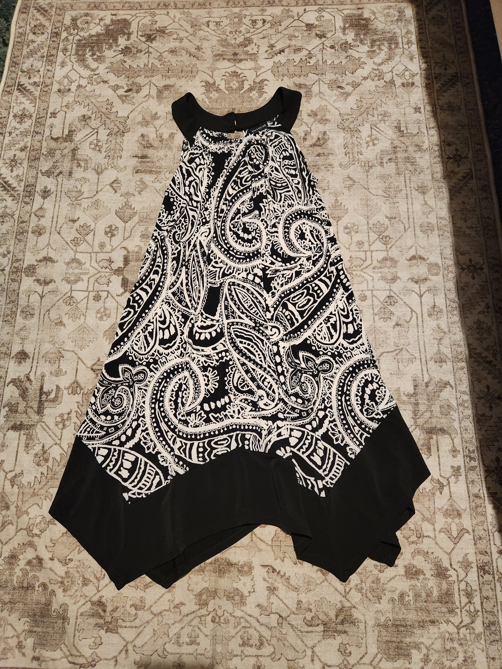 Enfocus Studio Black and White Paisley Handkerchief Hem Dress